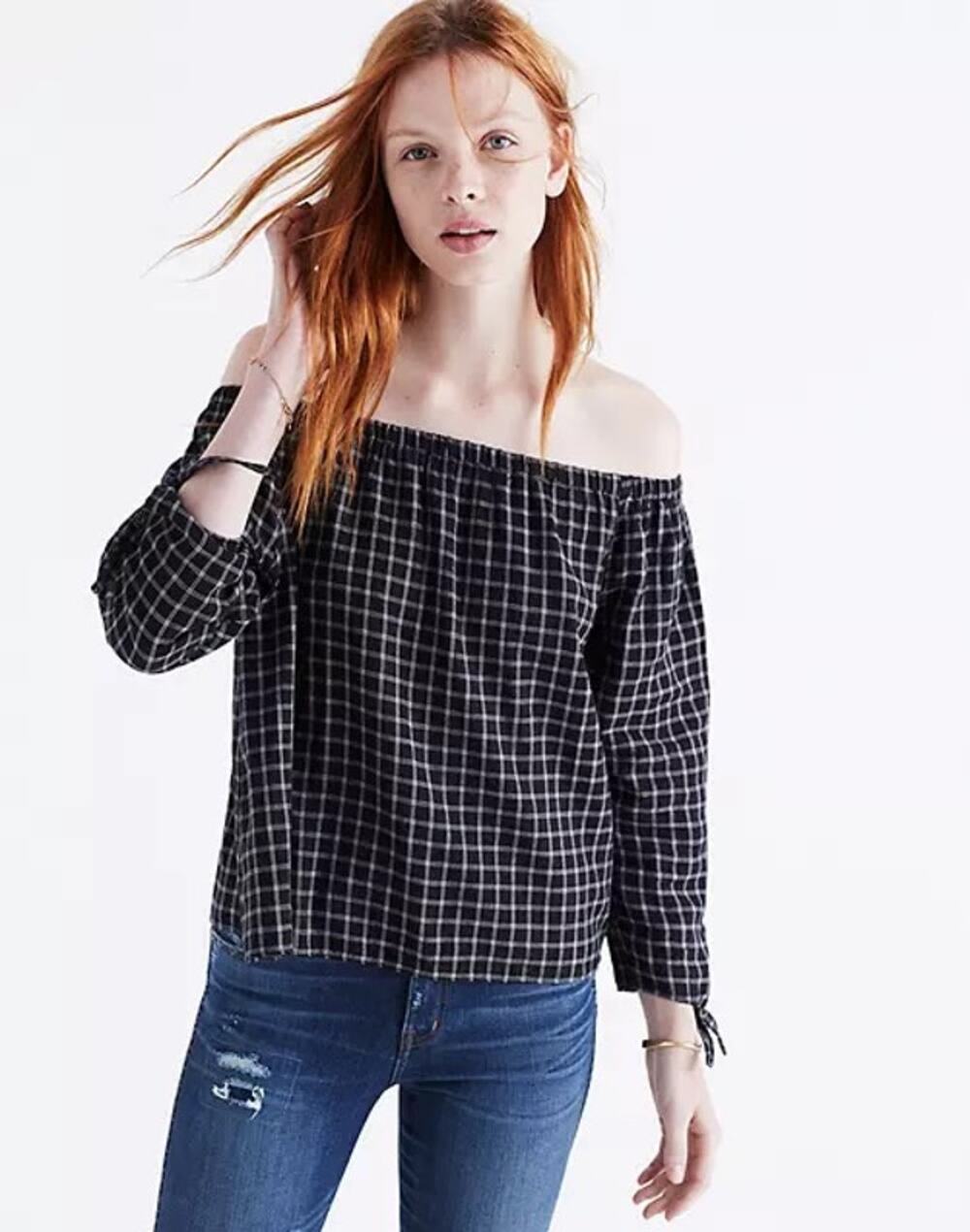 Madewell off shoulder window pane plaid top sz S
